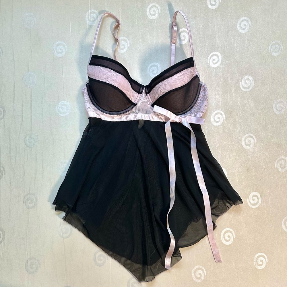 vintage black and pink bow babydoll striped lingerie cami tank top 36C 34D